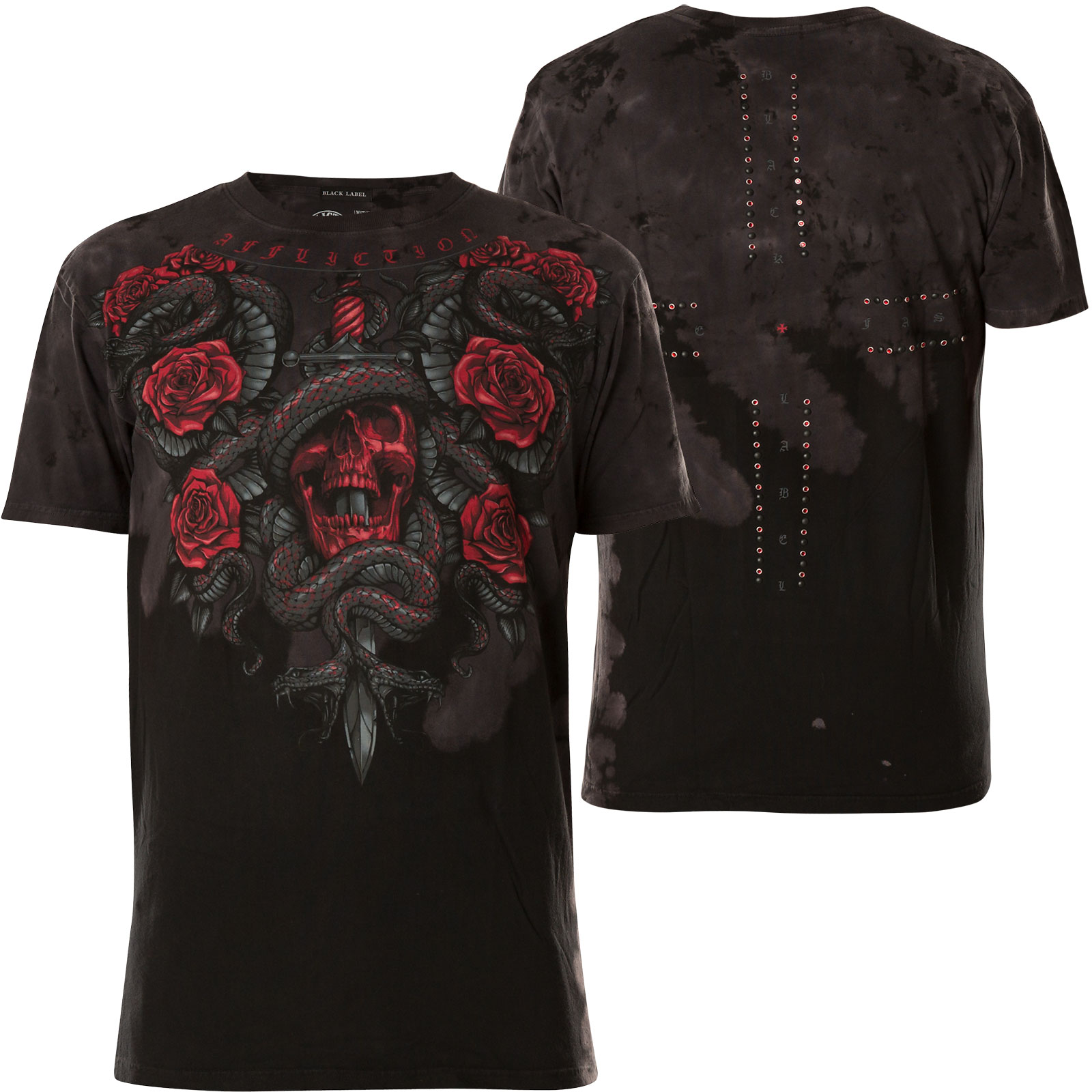 Affliction Forged In Venom T-Shirt featuring a skull, cross and roses