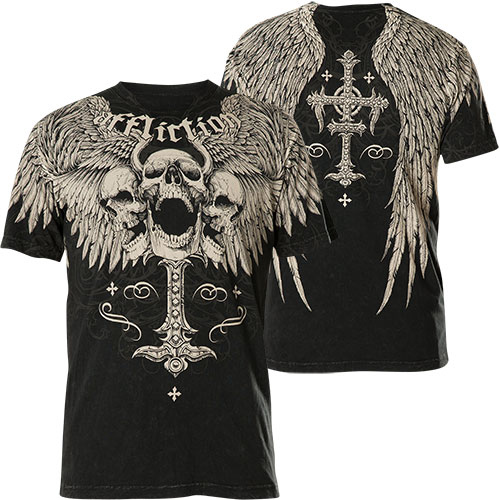 Affliction Saint Scream Print of a cross, three skulls with wings