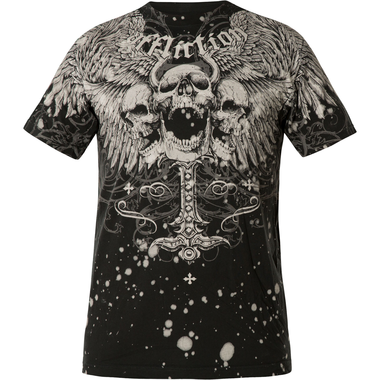Affliction Saint Scream Print of a cross, skulls with wings